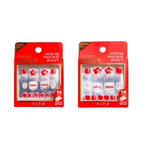 DAISO T.I.T.A Press Pedi Tip 14pcs #Red Flower (Slim/Wide)