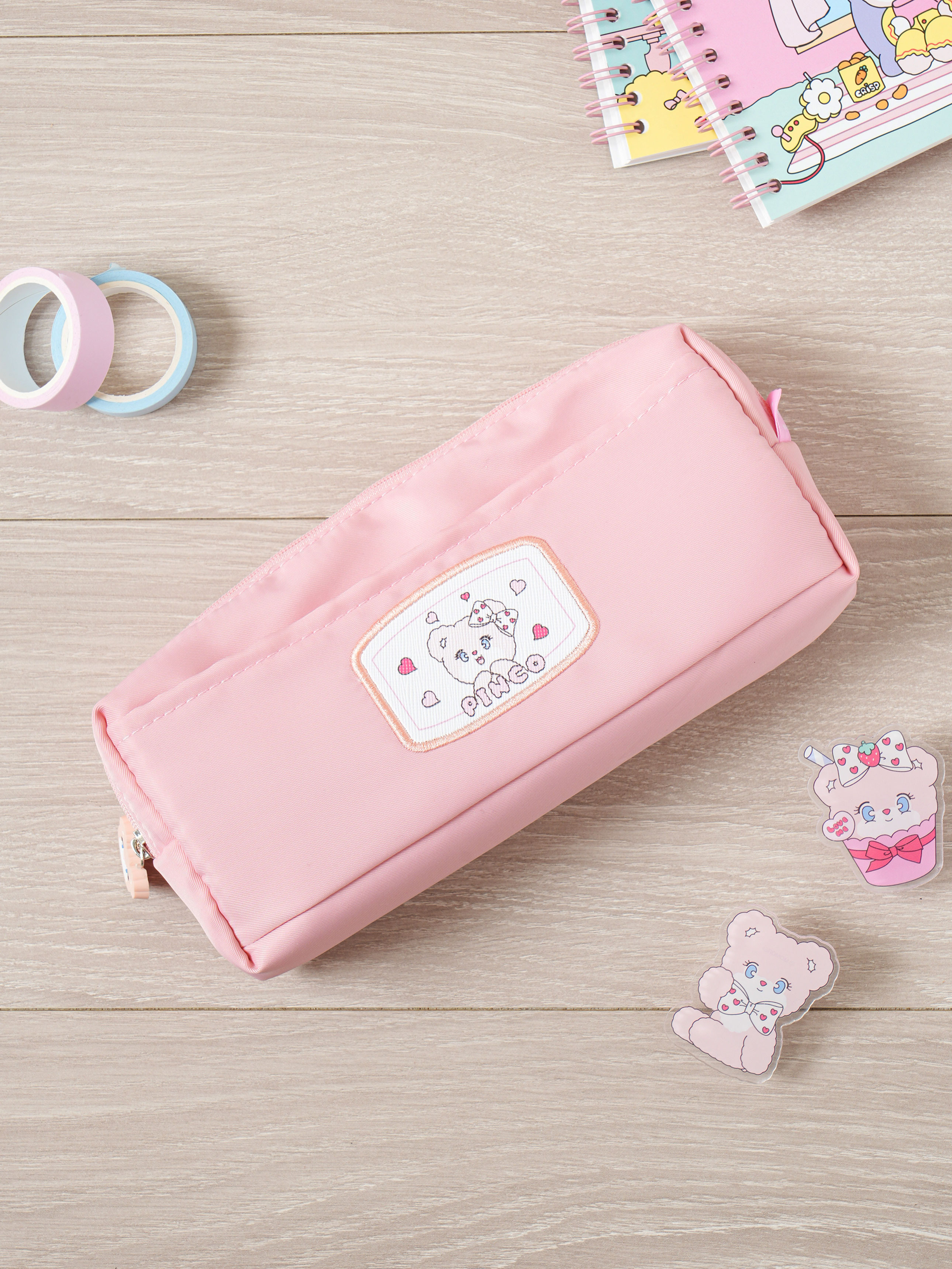 DAISO Momorei Square Pocket Plush Pencil Case (Pink)