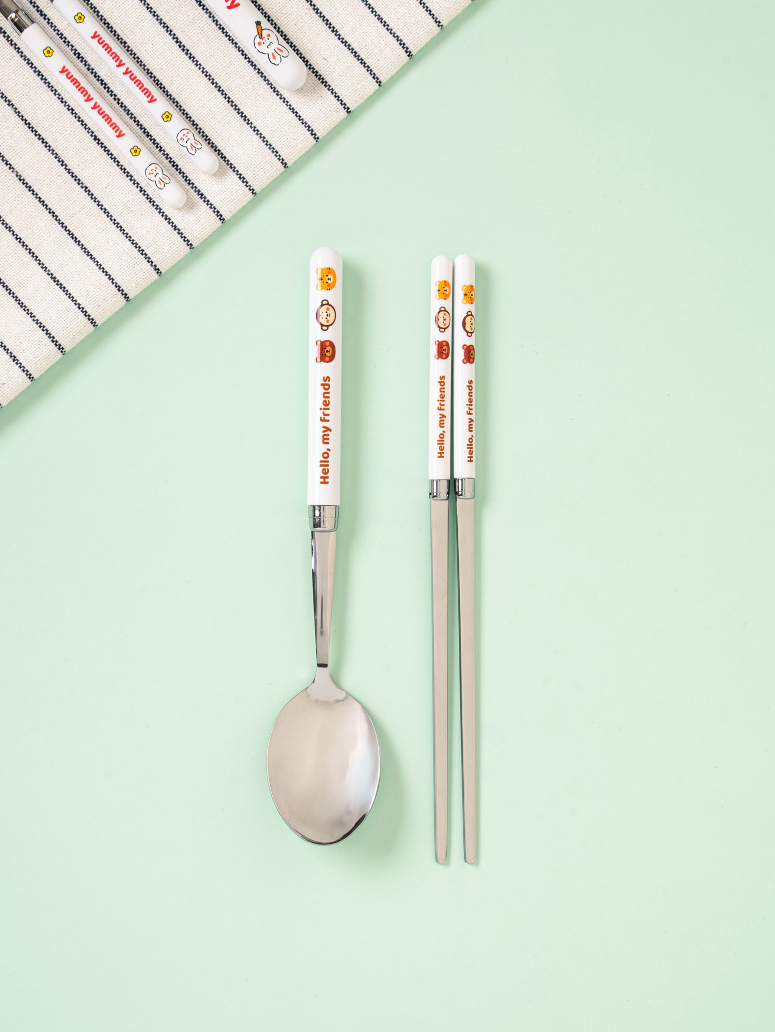 DAISO Printing Handle Stainless Junior Spoon Chopsticks Set (17.5cm)