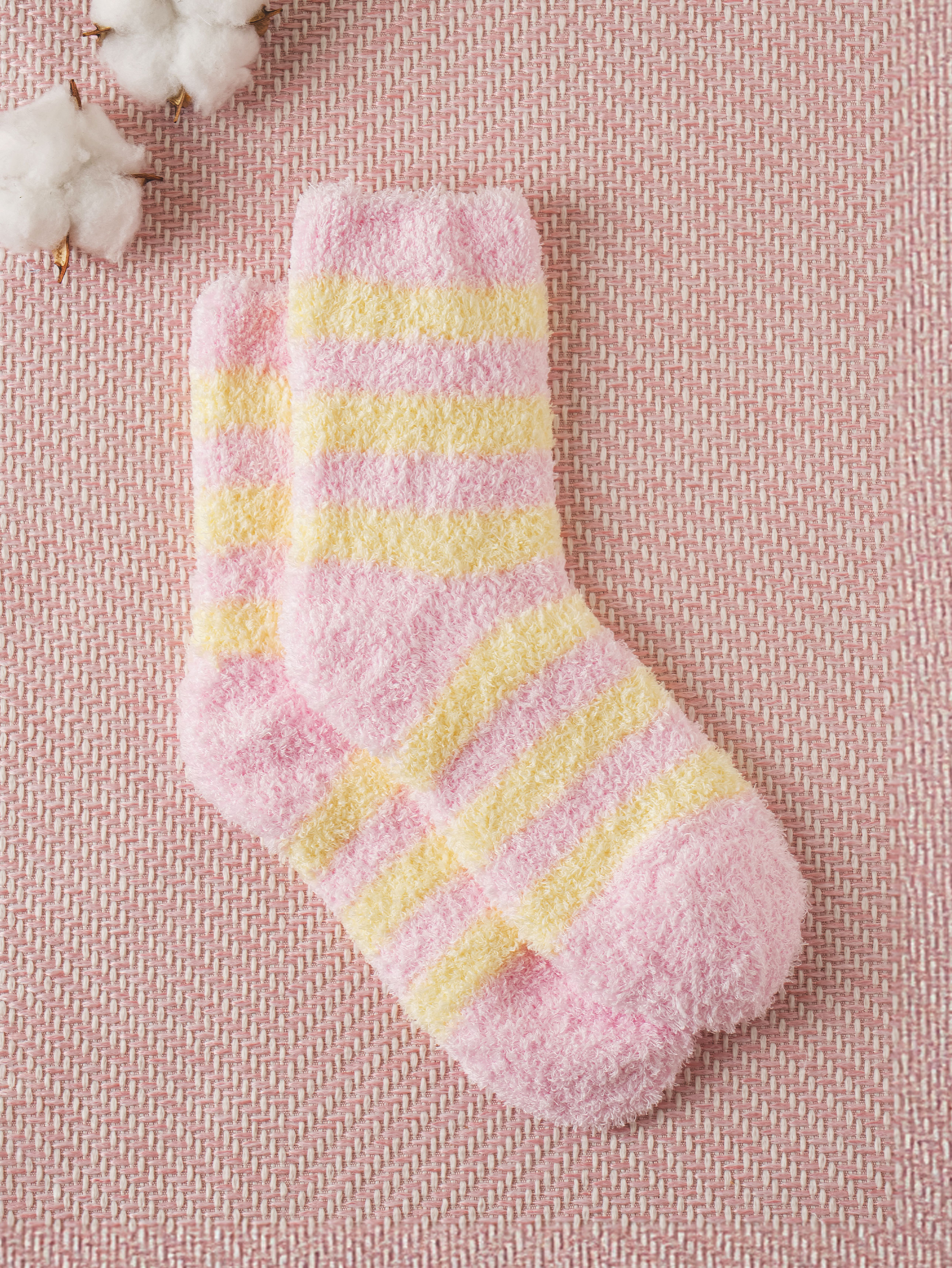 DAISO Women's Striped Sleep Socks (Pink/Yellow)