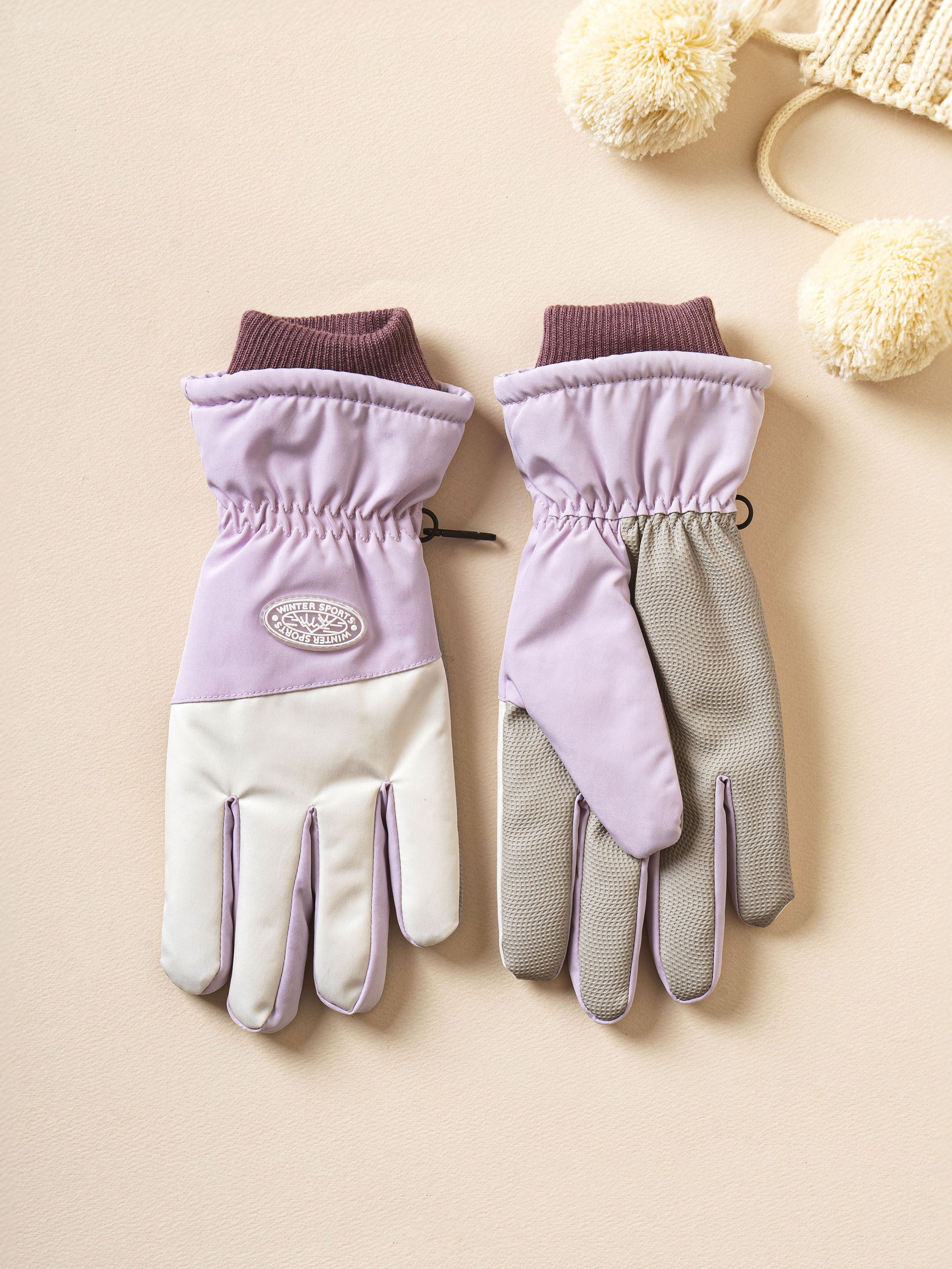 DAISO One-point color block women's ski gloves (Purple)