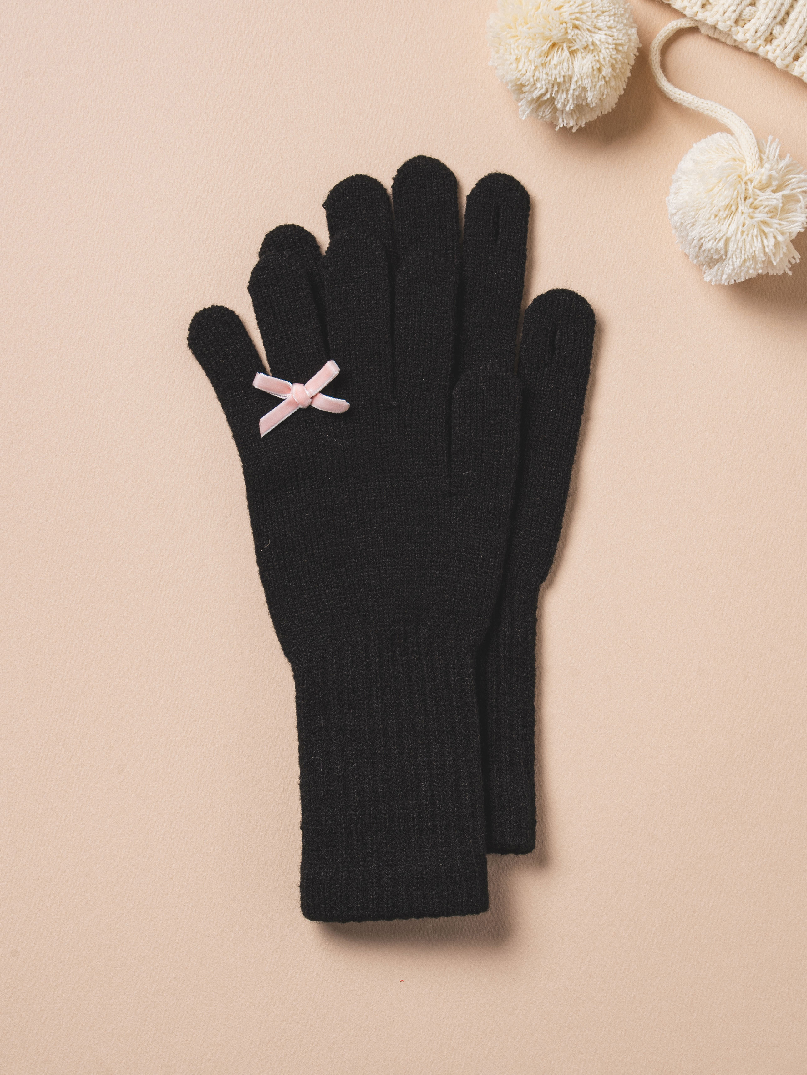 DAISO Long knit ribbon gloves (Black)