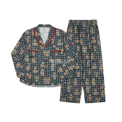 ULALA Cozy Bear Women’s Long Sleeve Pajama Set – Deep Blue (21s Cotton)